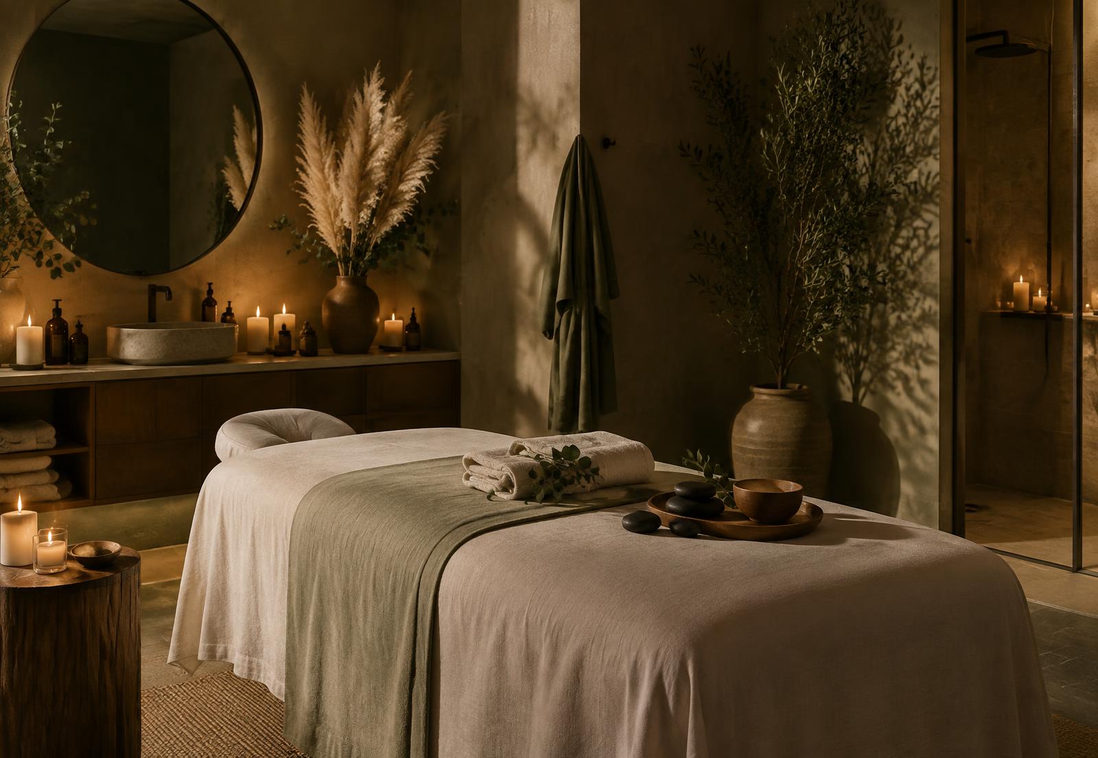 Cabină de tratament EZA Spa, luminată de lumânări