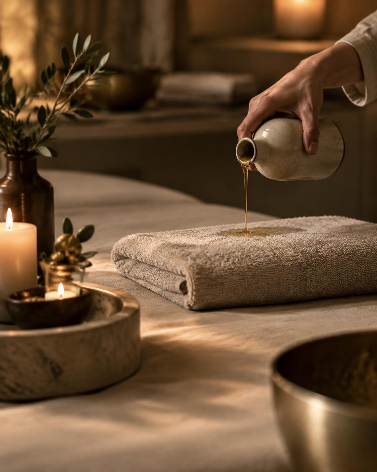 Ulei cald turnat peste un prosop de in, la EZA Spa